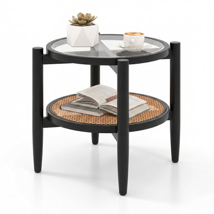 Black rattan round side end table with tempered glass tabletop, suitable for living room decor, by Wilsons Home Store.
