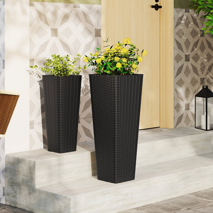 Rattan Tall Planter Set of 2 Outdoor Large Tapered Planters with Removable Inner Trays-Black