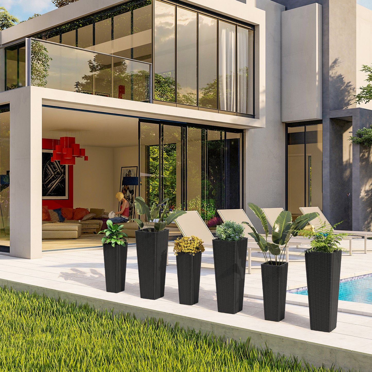 Rattan Tall Planter Set of 2 Outdoor Large Tapered Planters with Removable Inner Trays-Black