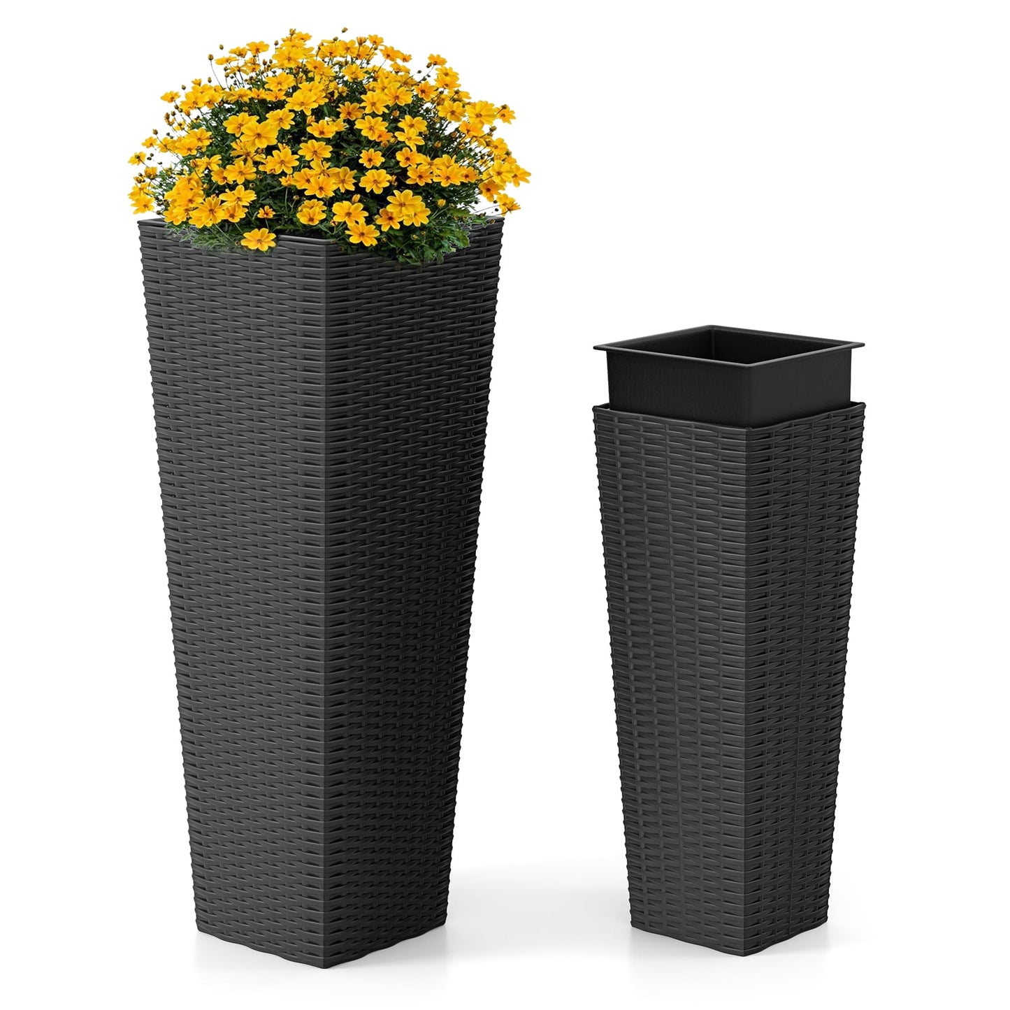 Rattan Tall Planter Set of 2 Outdoor Large Tapered Planters with Removable Inner Trays-Black