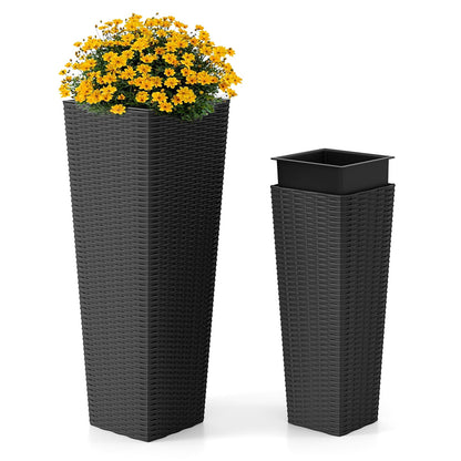 Rattan Tall Planter Set of 2 Outdoor Large Tapered Planters with Removable Inner Trays-Black