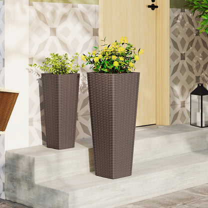 Rattan Tall Planter Set of 2 Outdoor Large Tapered Planters with Removable Inner Trays-Black