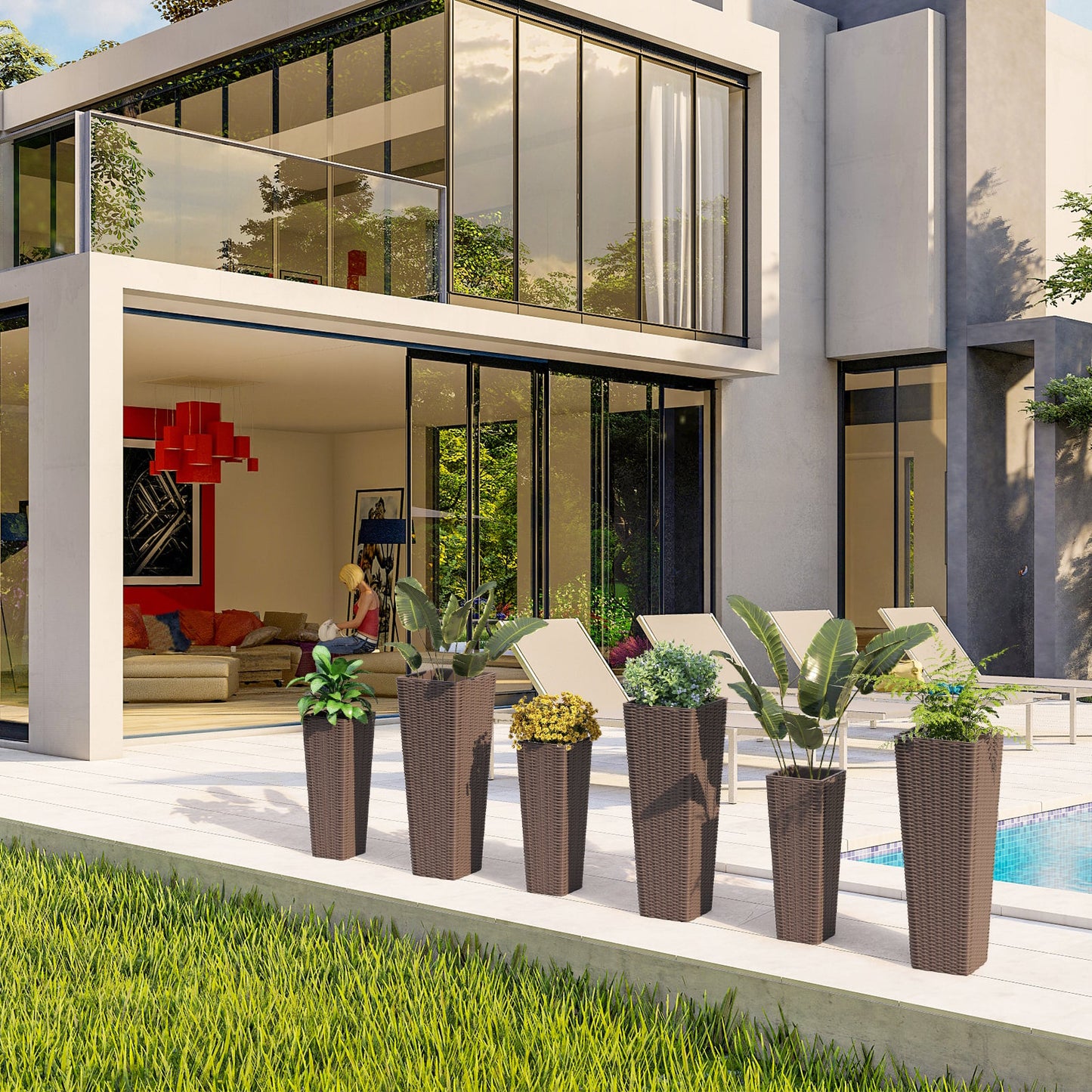 Rattan Tall Planter Set of 2 Outdoor Large Tapered Planters with Removable Inner Trays-Black