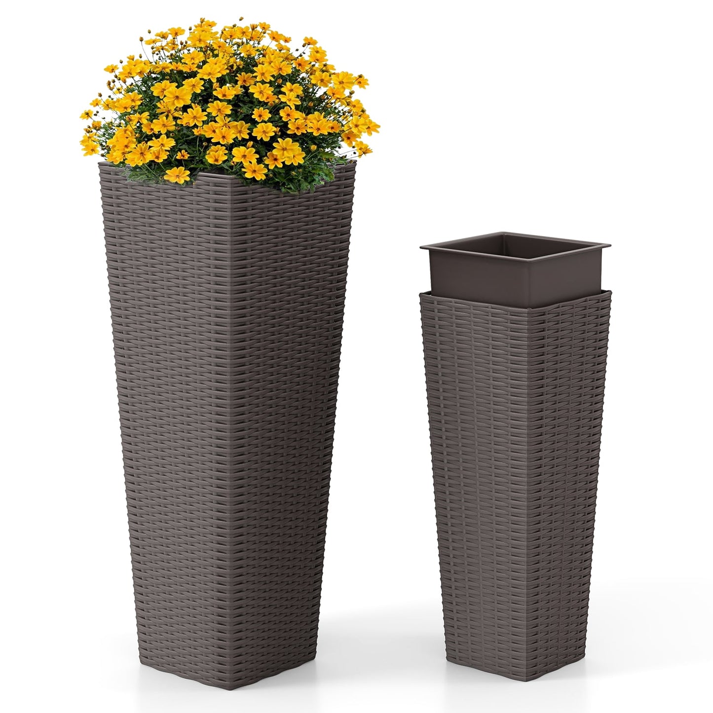 Rattan Tall Planter Set of 2 Outdoor Large Tapered Planters with Removable Inner Trays-Black
