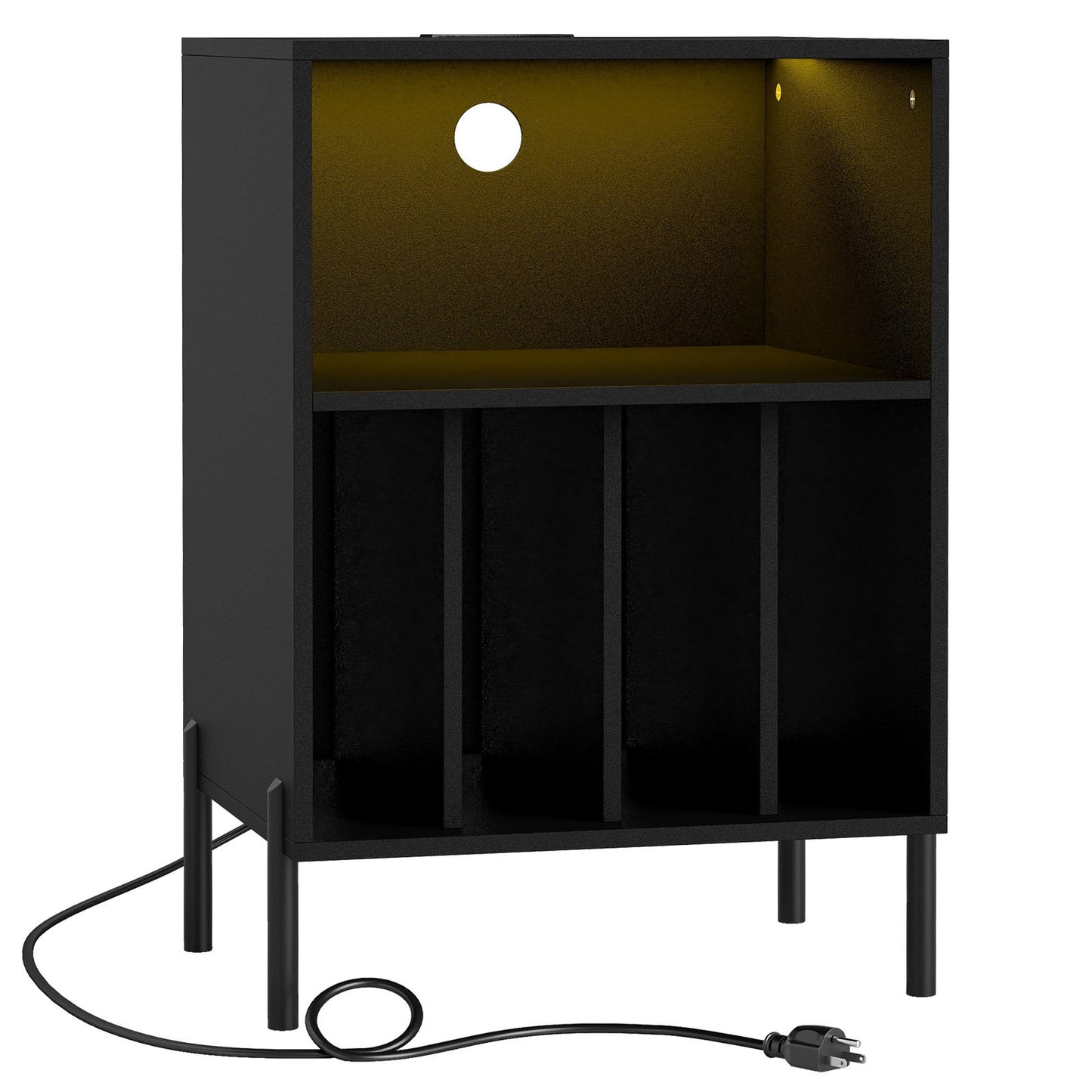 Record Player Stand with LED Light and Charging Station-Black