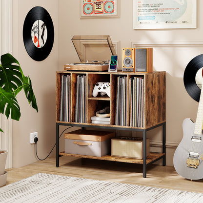 Record Player Stand with Charging Station and Metal Frame-Rustic Brown
