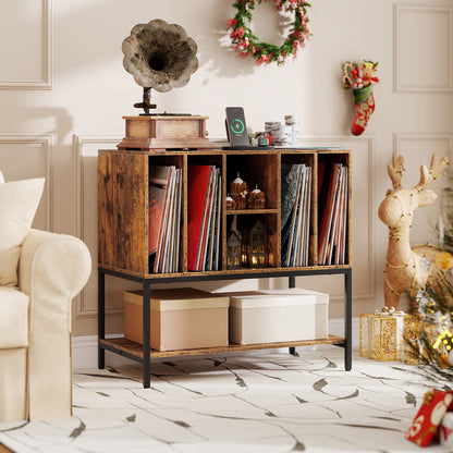 Record Player Stand with Charging Station and Metal Frame-Rustic Brown