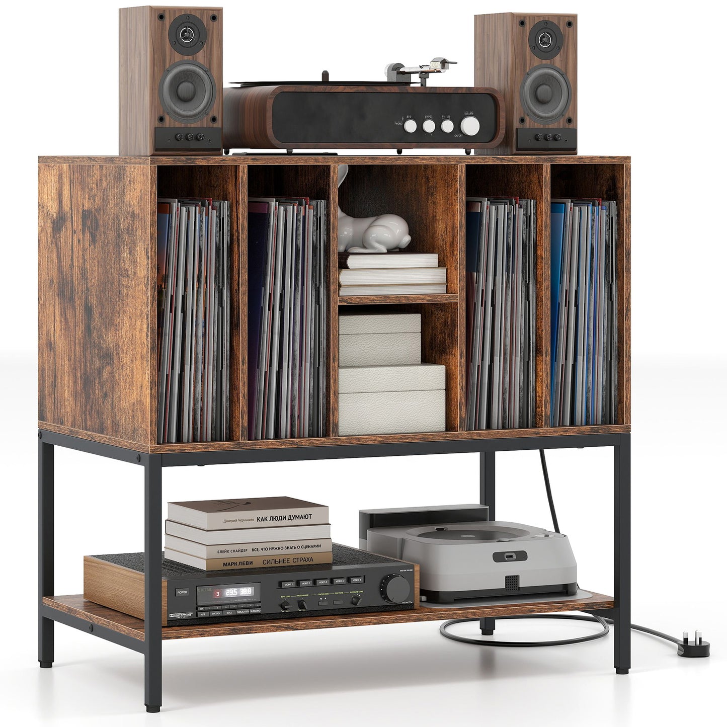 Record Player Stand with Charging Station and Metal Frame-Rustic Brown