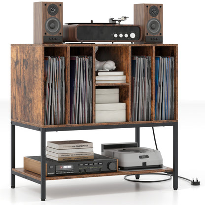 Record Player Stand with Charging Station and Metal Frame-Rustic Brown