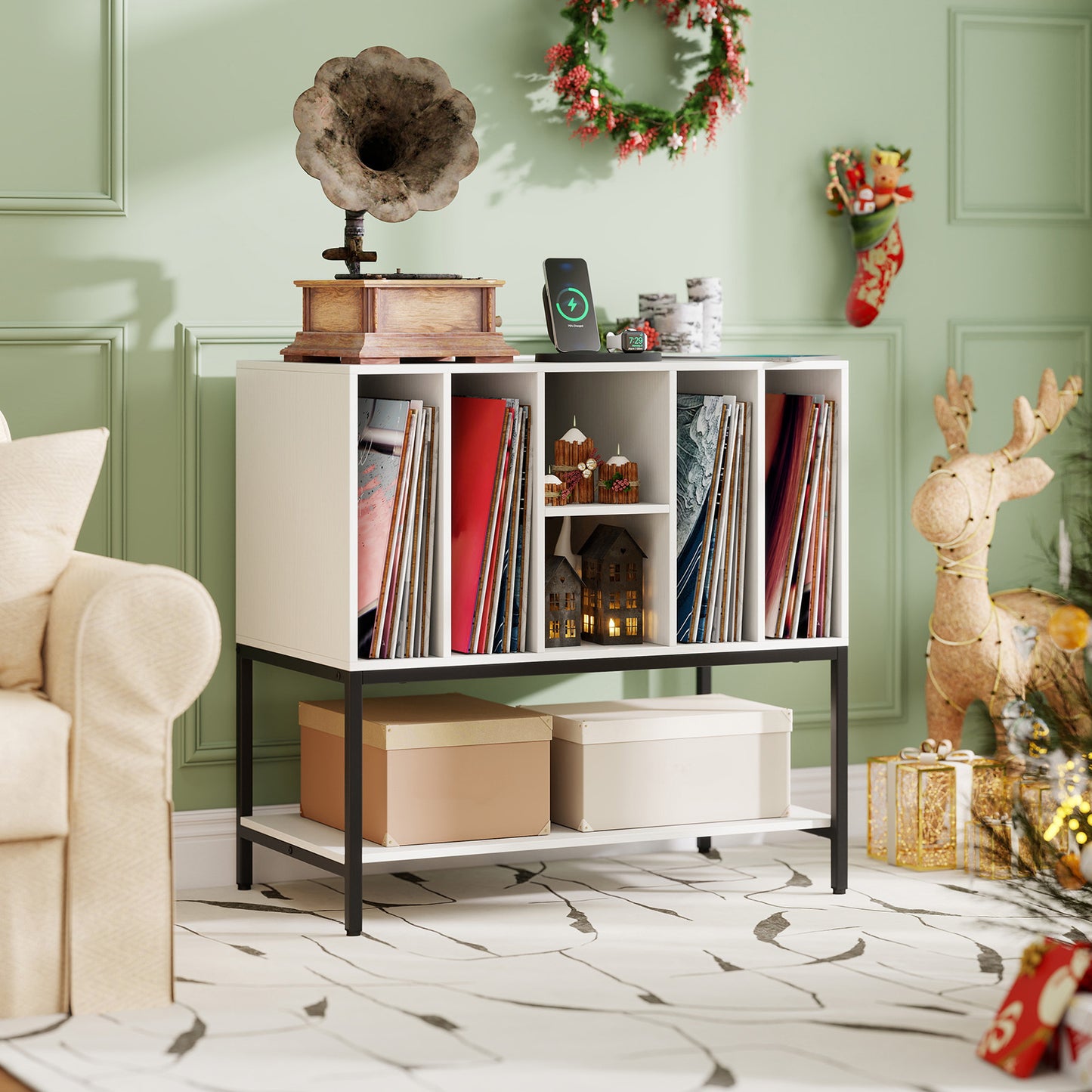 Record Player Stand with Charging Station and Metal Frame-Rustic Brown