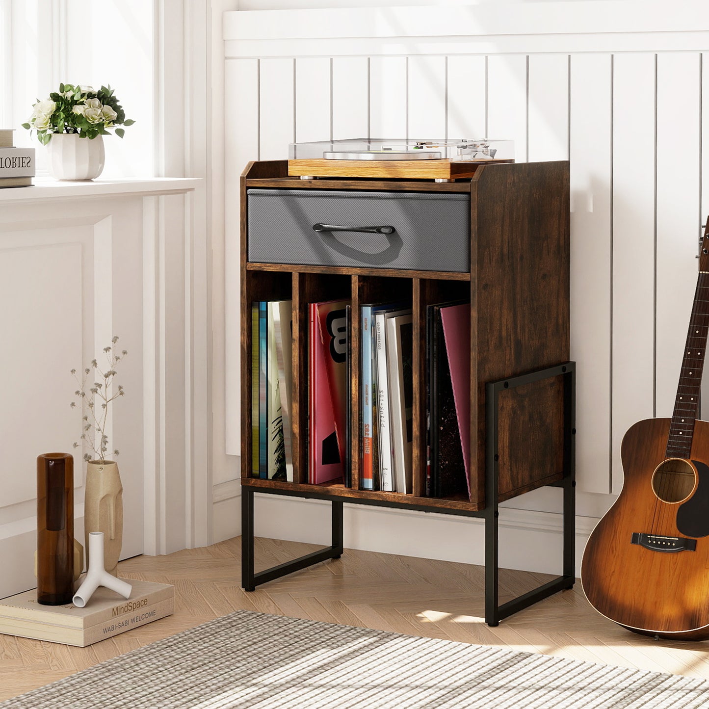 Record Player Stand with Drawer and Record Holder-Black