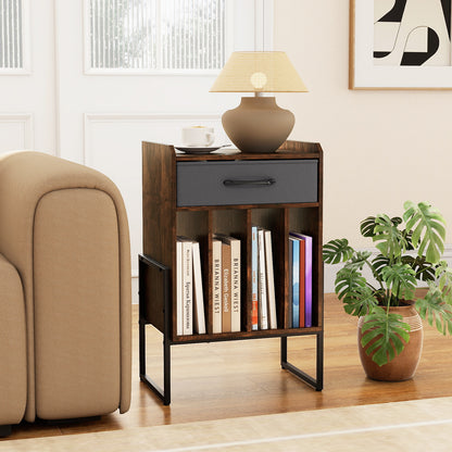 Record Player Stand with Drawer and Record Holder-Black