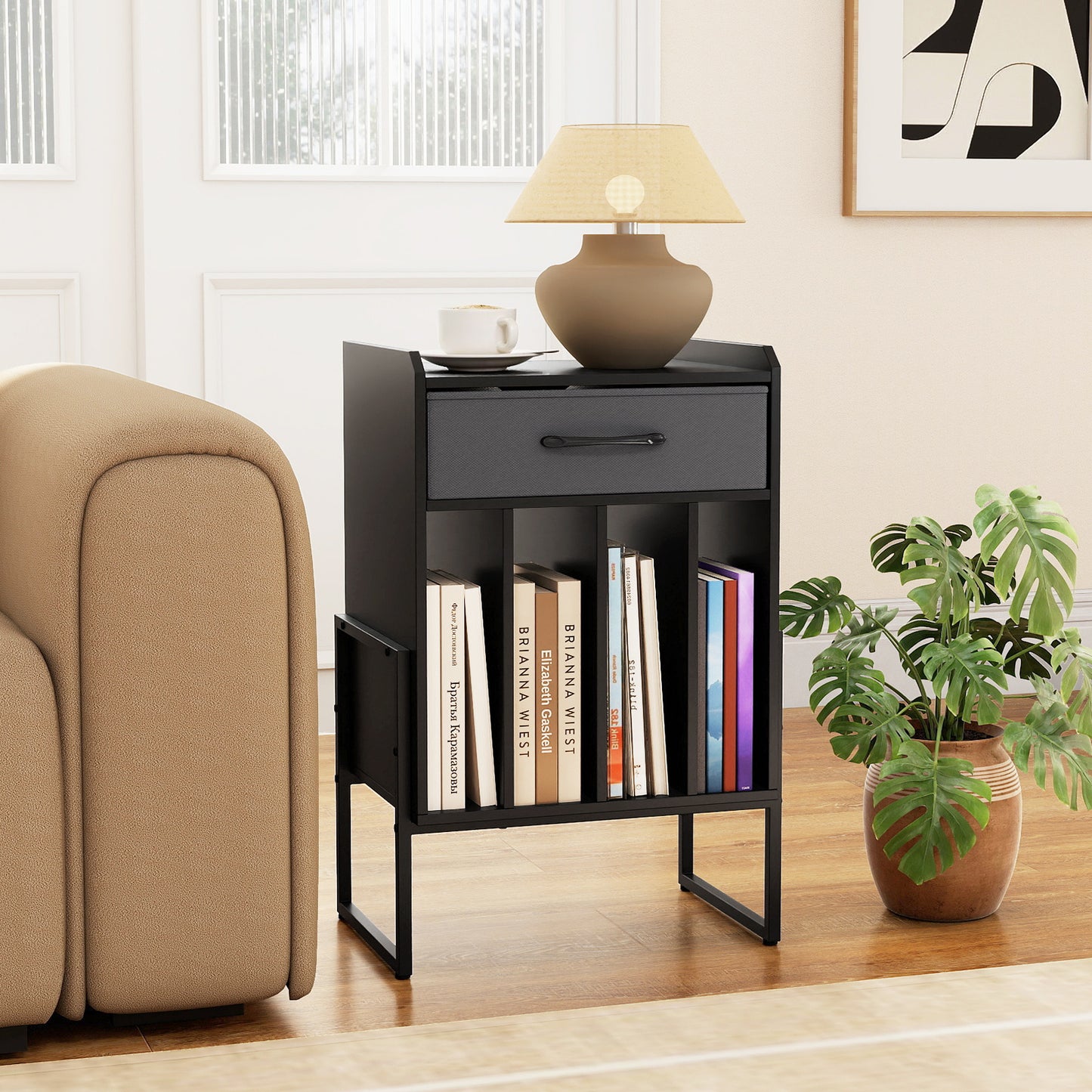 Record Player Stand with Drawer and Record Holder-Black