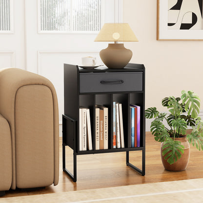 Record Player Stand with Drawer and Record Holder-Black