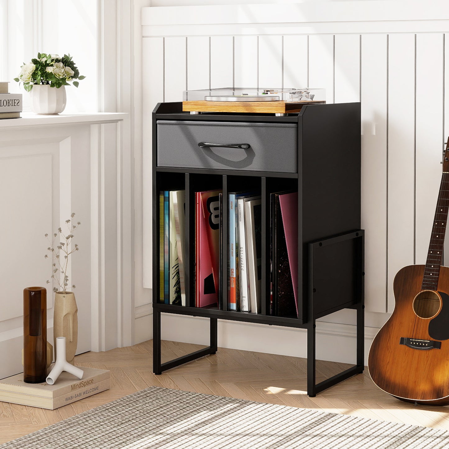 Record Player Stand with Drawer and Record Holder-Black