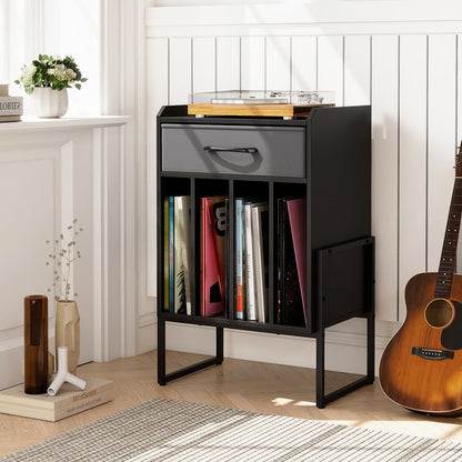 Record Player Stand with Drawer and Record Holder-Black