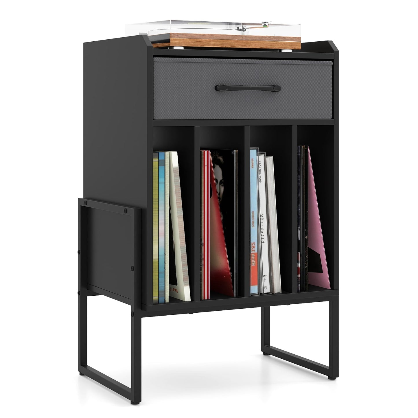 Record Player Stand with Drawer and Record Holder-Black