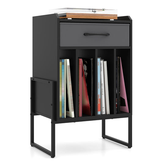 Record Player Stand with Drawer and Record Holder-Black