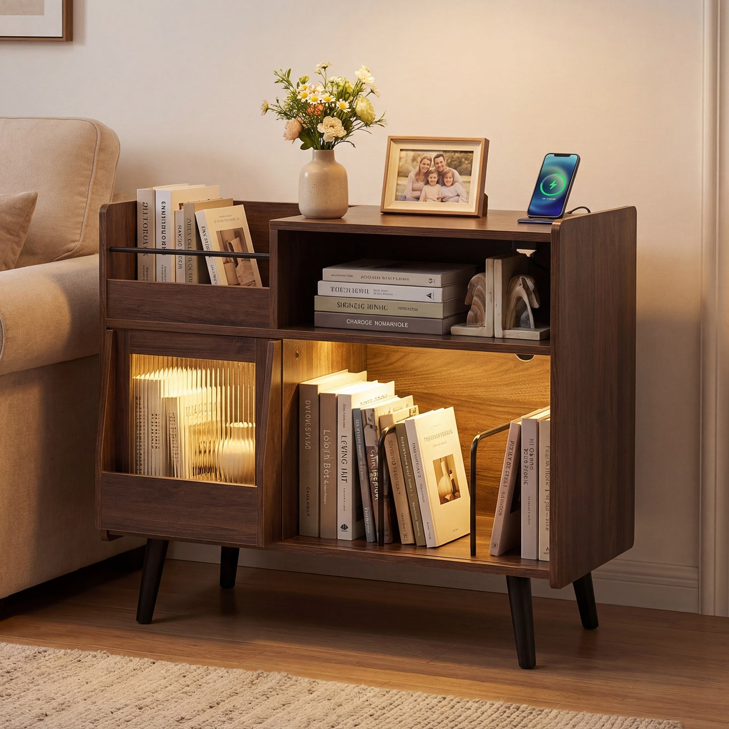 Record Player Stand with LED Light and Power Outlets Large Turntable Stand with Sliding Door-Brown