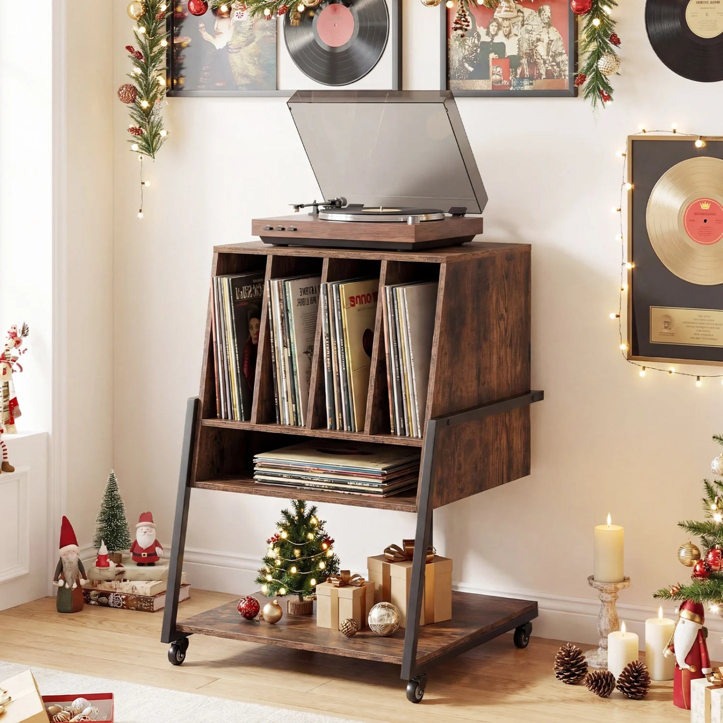 Record Player Stand on Wheels Rolling Turntable Stand with Power Outlets-Rustic Brown