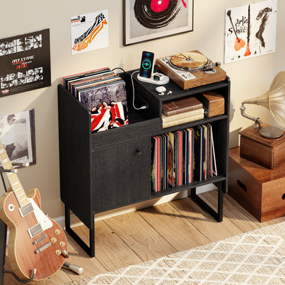 Record Player Stand with Power Outlets and Vinyl Storage Holder up to 250 Albums-Black