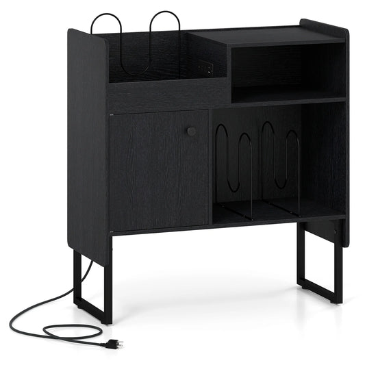 Record Player Stand with Power Outlets and Vinyl Storage Holder up to 250 Albums-Black