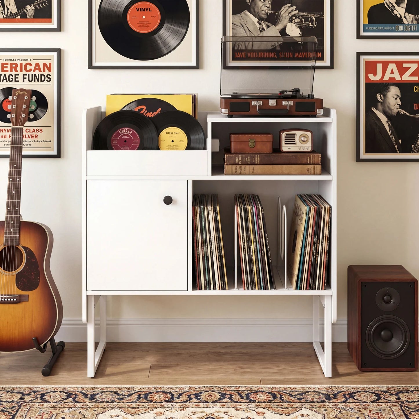 Record Player Stand with Power Outlets and Vinyl Storage Holder up to 250 Albums-Black