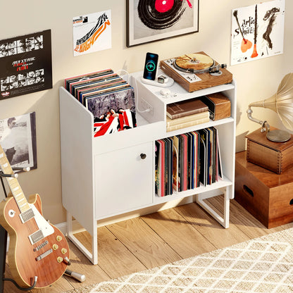 Record Player Stand with Power Outlets and Vinyl Storage Holder up to 250 Albums-Black