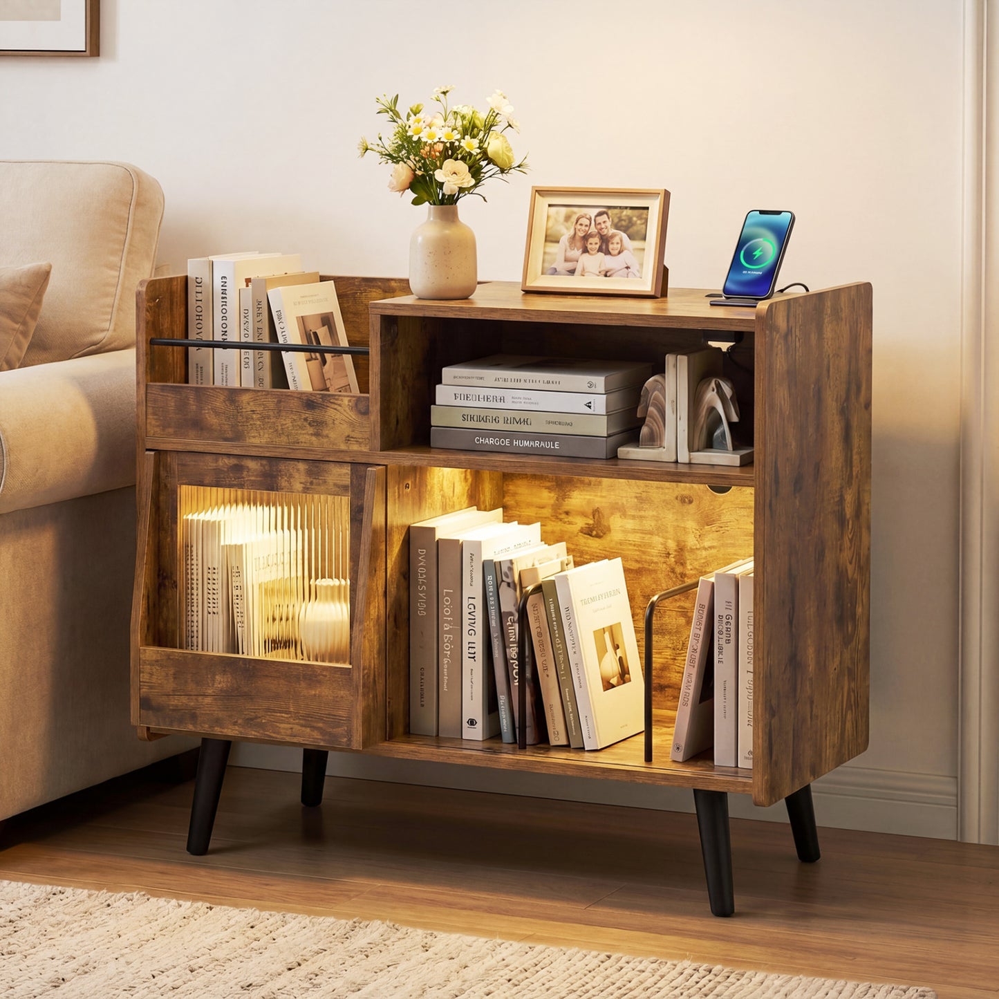Black record player stand with LED lights and power outlets, modern furniture piece for living room storage and display.