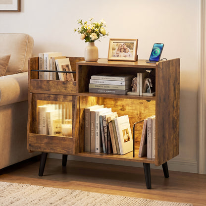 Black record player stand with LED lights and power outlets, modern furniture piece for living room storage and display.