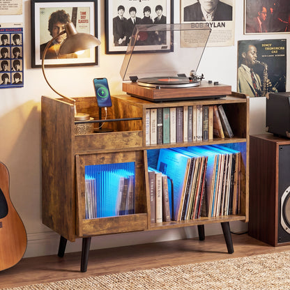 Black record player stand with LED light and built-in power outlets, designed for living room use and modern furniture decor.