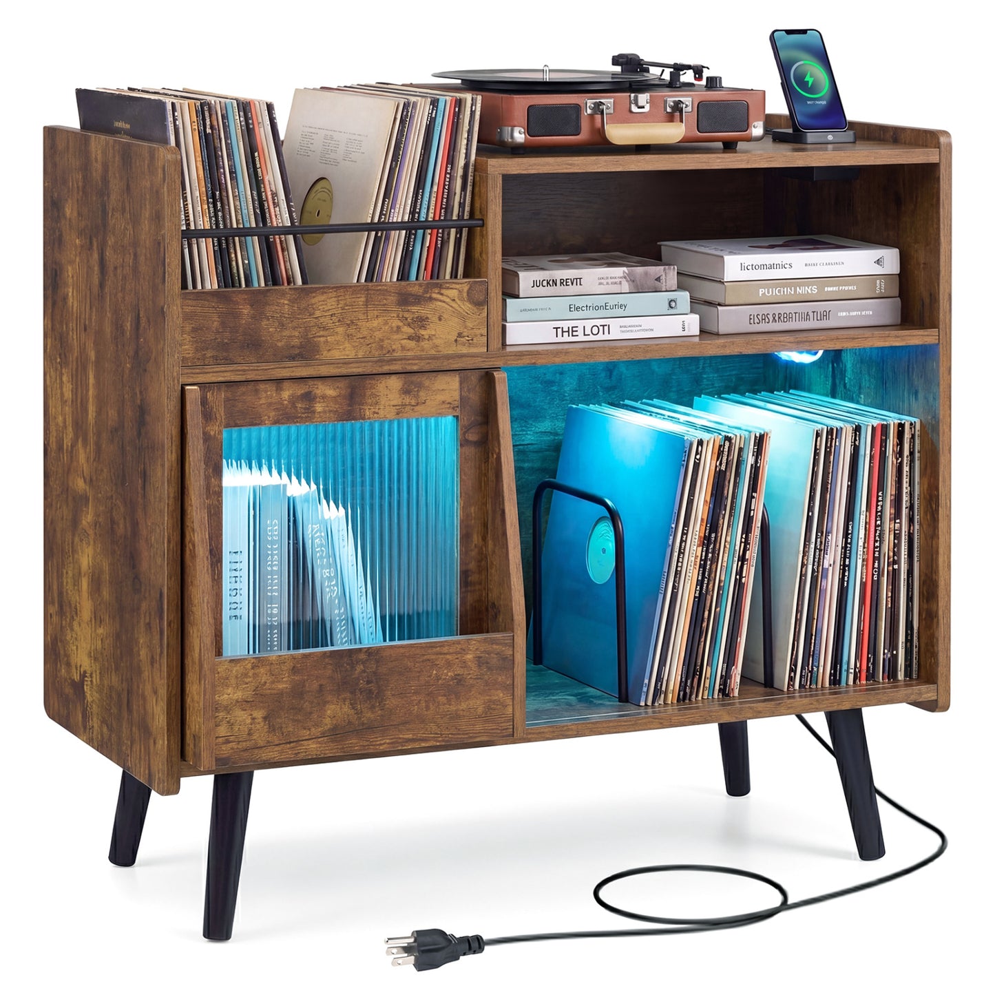 Black record player stand with LED lighting and built-in power outlets, modern furniture for living room storage and display.