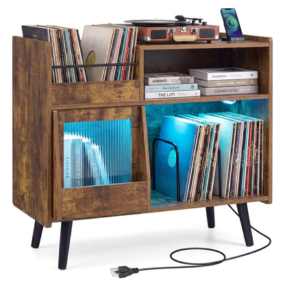 Black record player stand with LED lighting and built-in power outlets, modern furniture for living room storage and display.