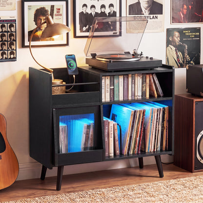 Black record player stand with LED lighting and power outlets, modern furniture piece for living room by Wilsons Home Store.