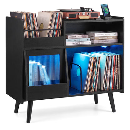 Black record player stand with LED lighting and built-in power outlets, modern furniture for living room storage and display.