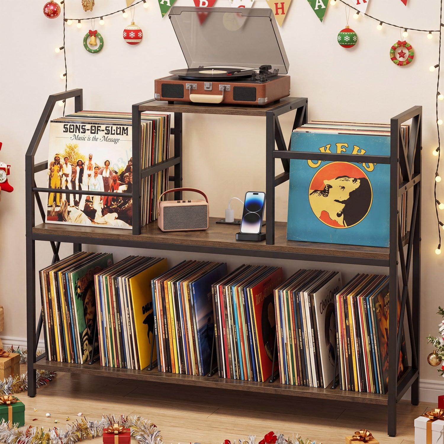 Rustic brown record player stand with built-in power outlets, vinyl storage, and dividers for albums, ideal for living room furniture.