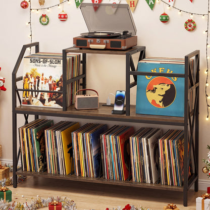 Rustic brown record player stand with built-in power outlets, vinyl storage, and dividers for albums, ideal for living room furniture.