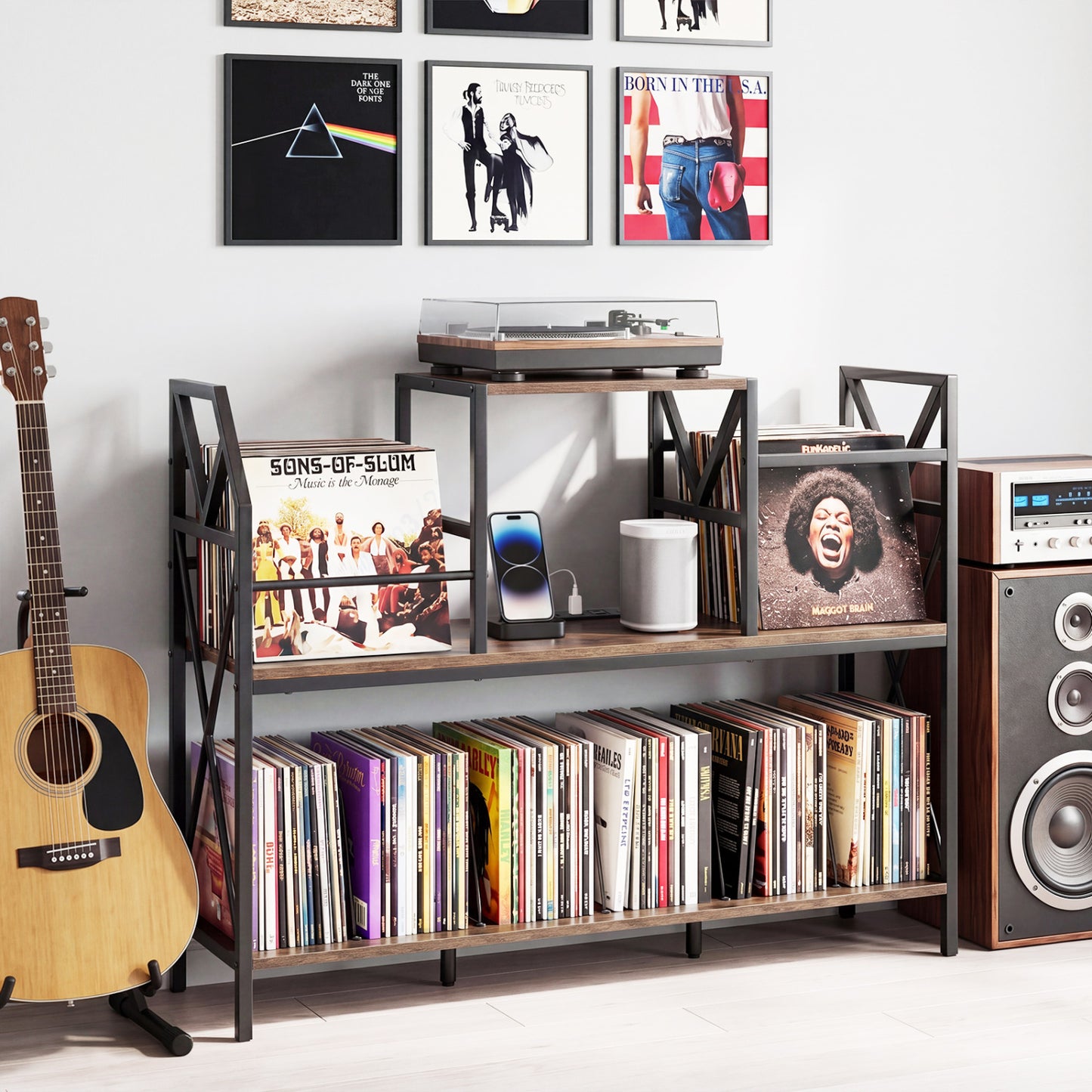 Rustic brown record player stand with built-in power outlets, vinyl storage, and dividers for albums, ideal for living room furniture.