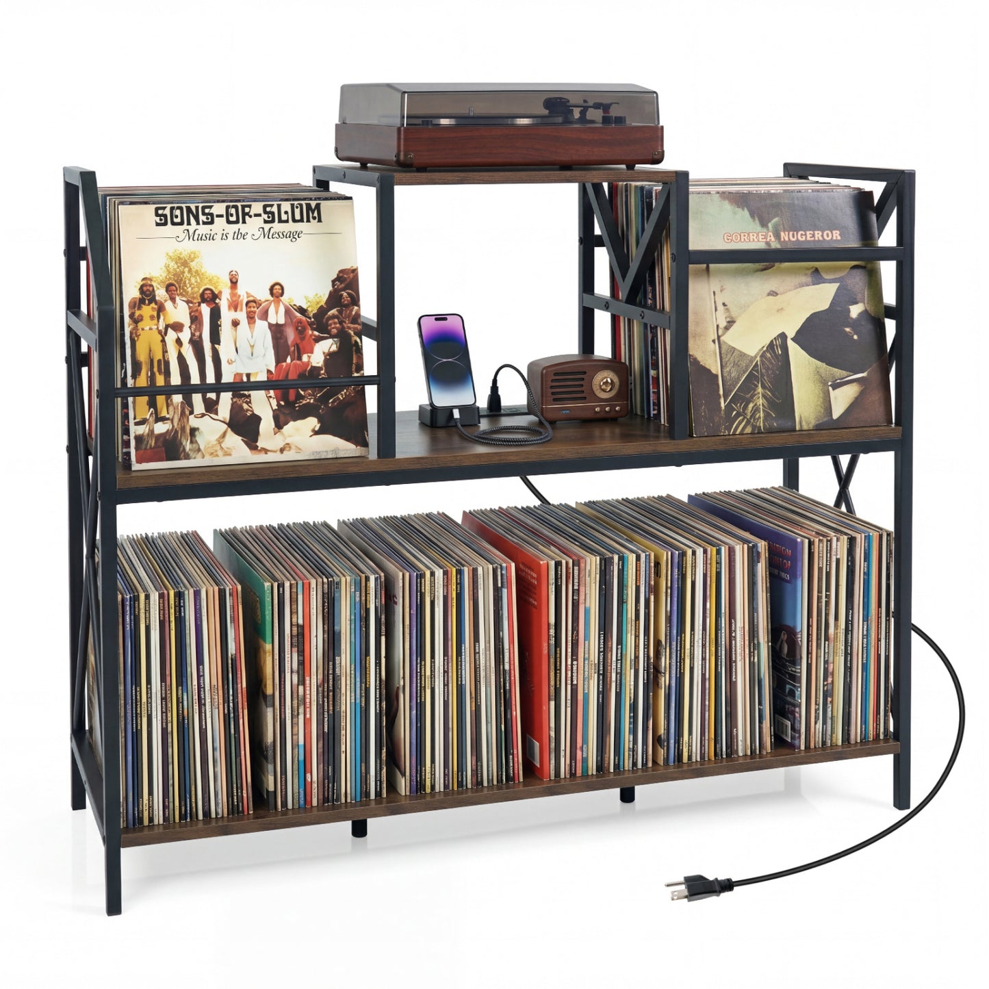 Rustic brown record player stand with built-in power outlets, vinyl storage, and dividers for albums, designed for living room use.