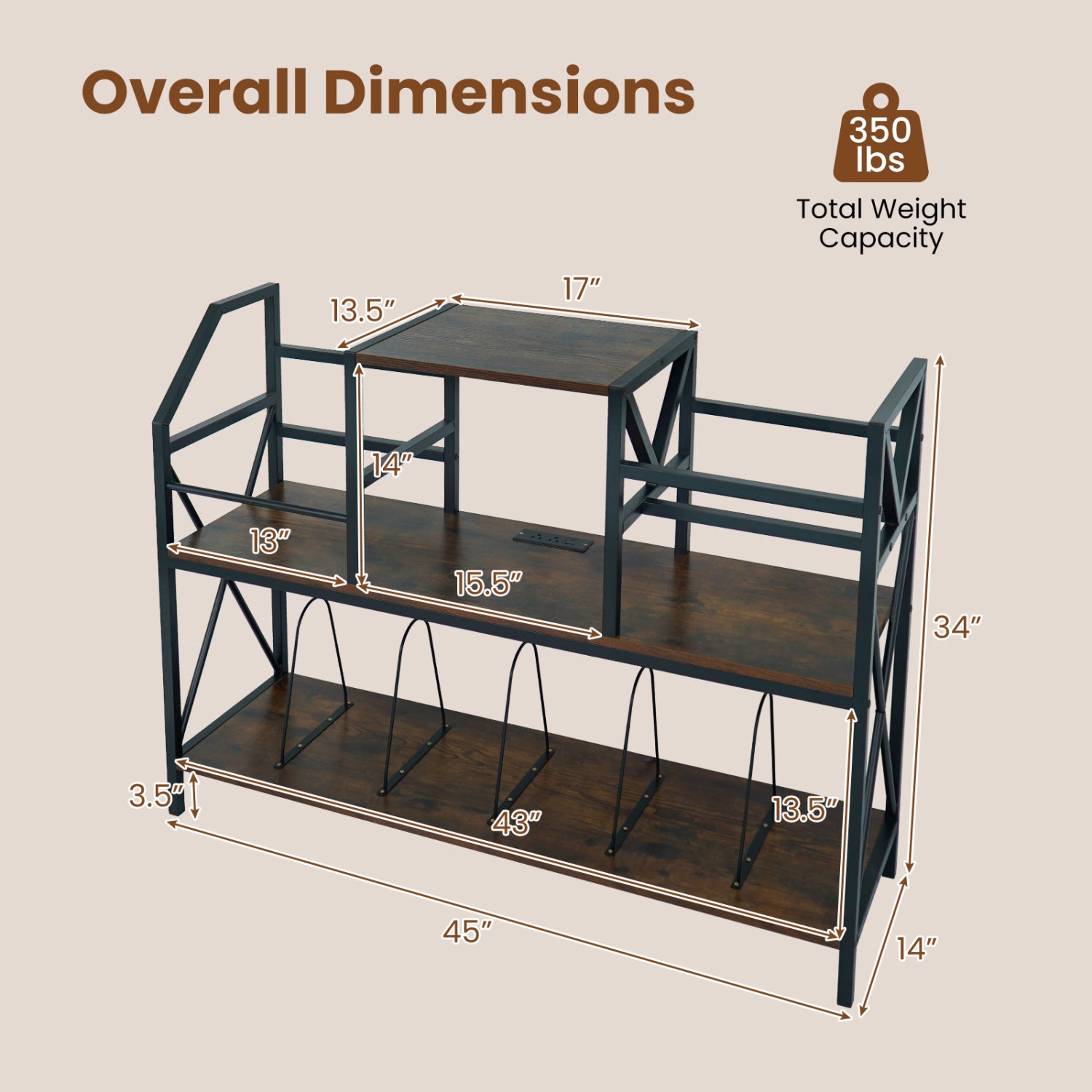 Rustic brown record player stand with built-in power outlets, vinyl storage, and dividers for albums, designed for living room use.