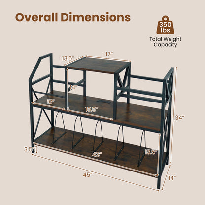 Rustic brown record player stand with built-in power outlets, vinyl storage, and dividers for albums, designed for living room use.