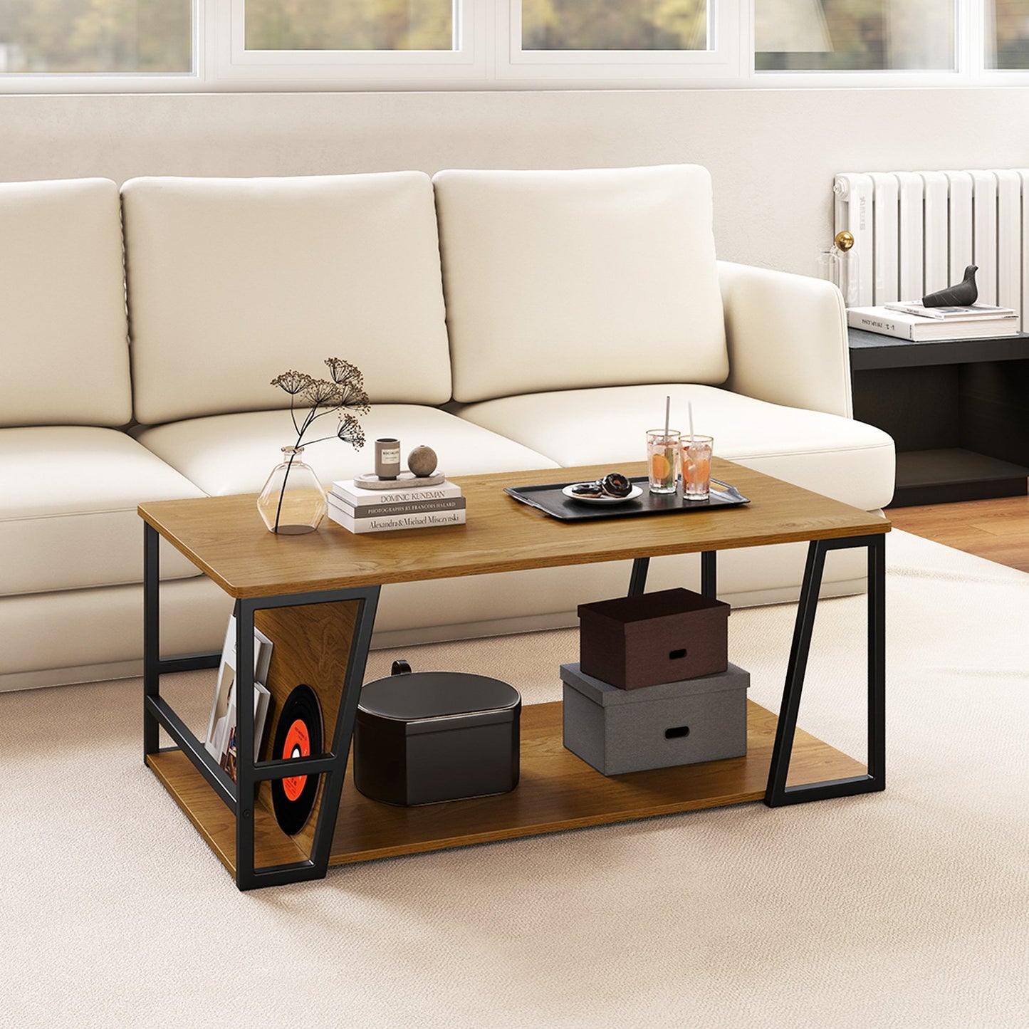 Rectangle Coffee Table 2-tier Industrial Accent Table with Storage Shelf and Compartment-Brown