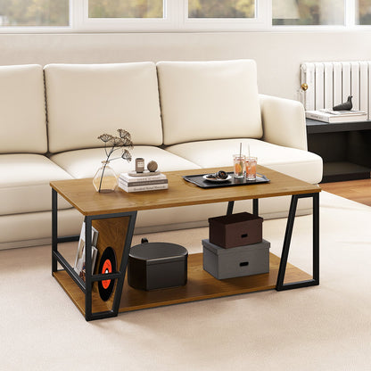 Rectangle Coffee Table 2-tier Industrial Accent Table with Storage Shelf and Compartment-Brown