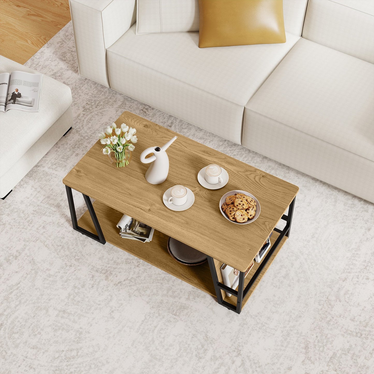 Rectangle Coffee Table 2-tier Industrial Accent Table with Storage Shelf and Compartment-Brown