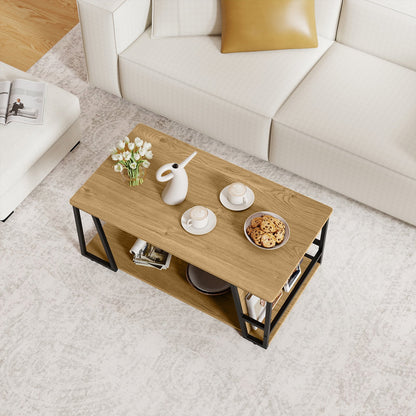 Rectangle Coffee Table 2-tier Industrial Accent Table with Storage Shelf and Compartment-Brown