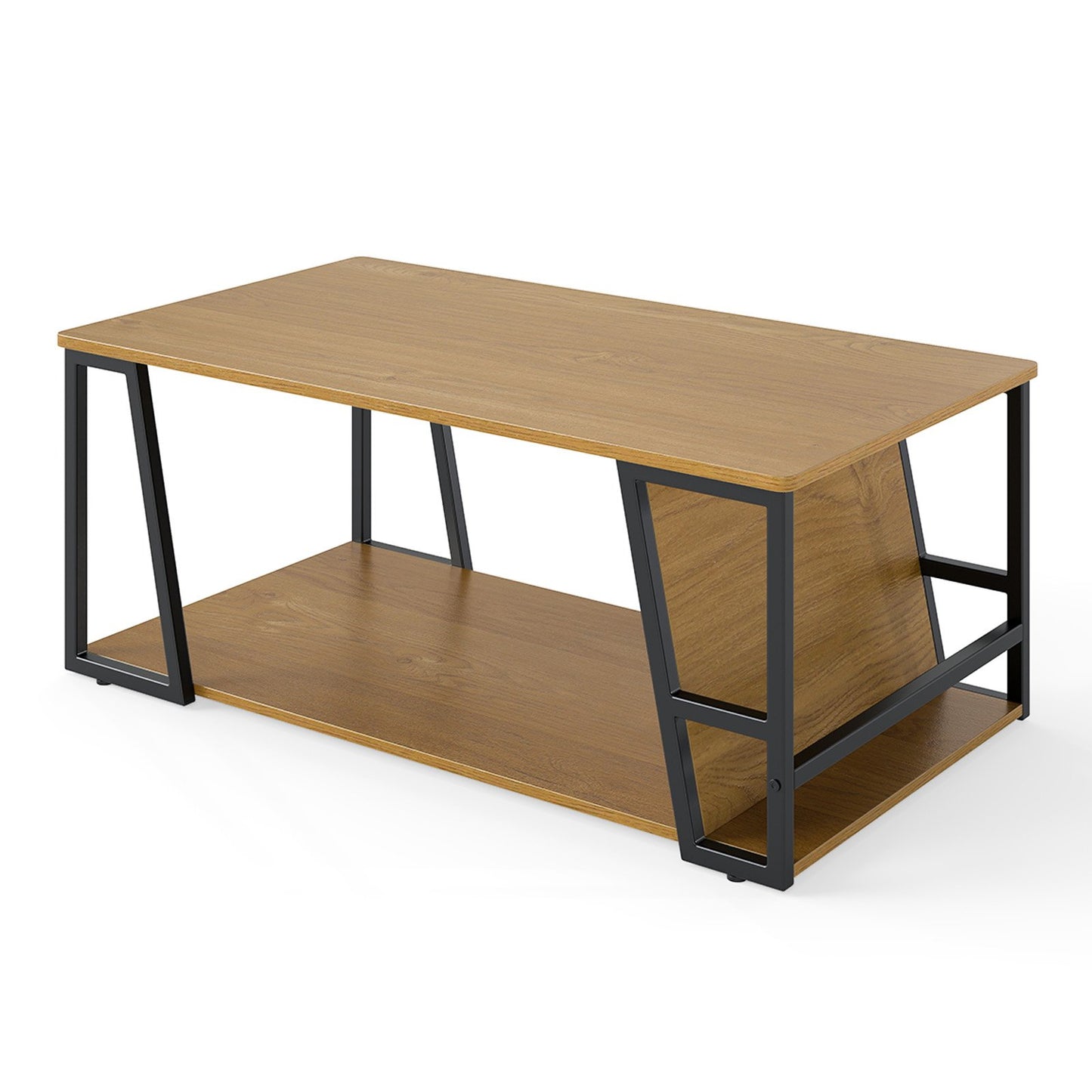 Rectangle Coffee Table 2-tier Industrial Accent Table with Storage Shelf and Compartment-Brown