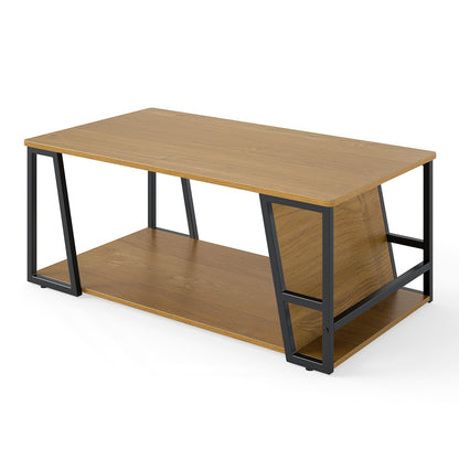 Rectangle Coffee Table 2-tier Industrial Accent Table with Storage Shelf and Compartment-Brown