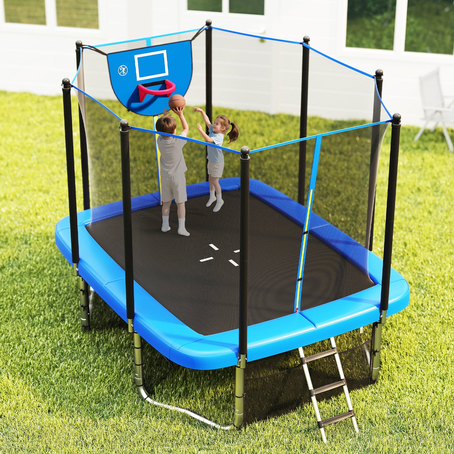 Rectangle Outdoor Trampoline 10 x 8 FT Heavy-Duty Trampoline with Basketball Hoop-Blue
