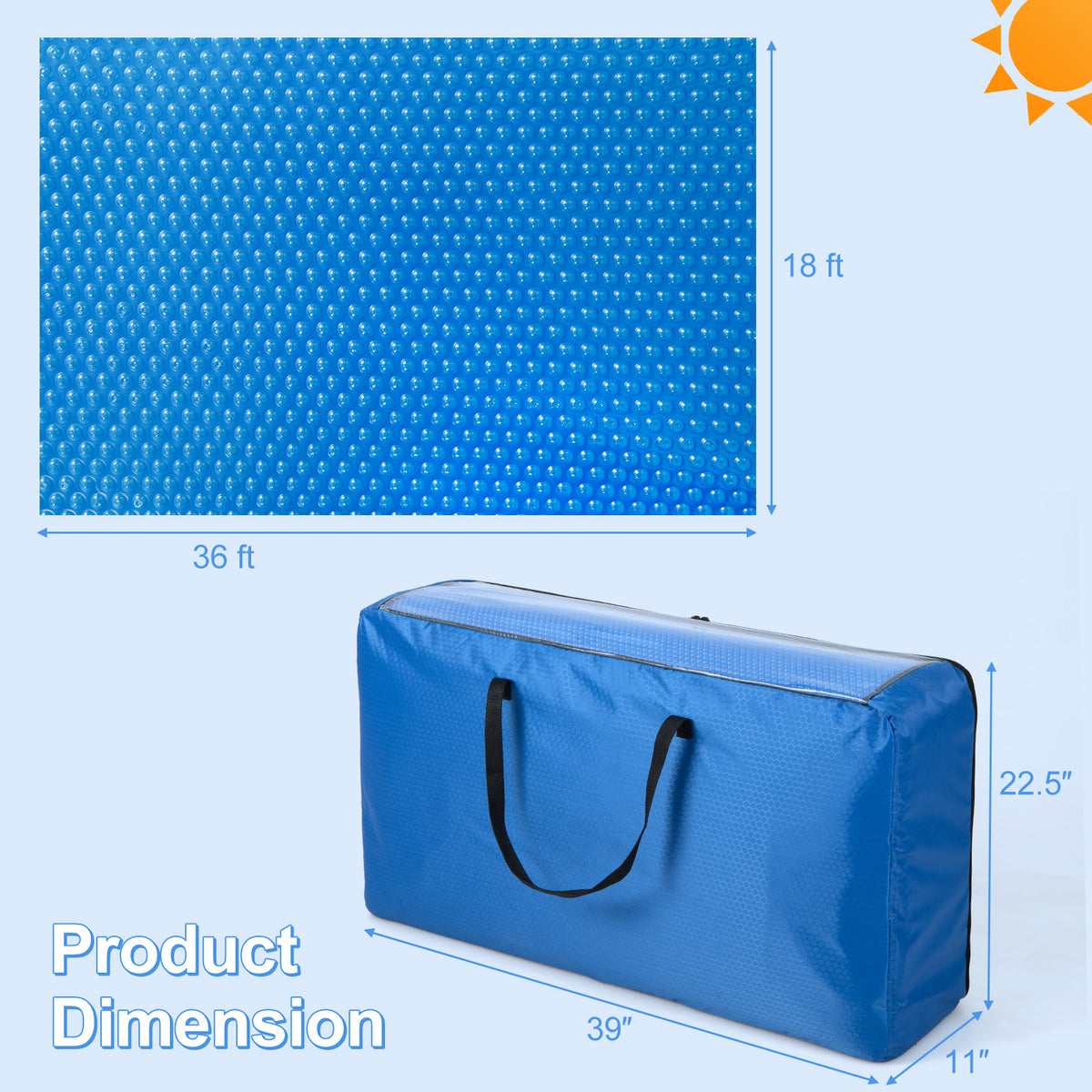 Rectangle Swimming Pool Cover 12-MIL Heat Retaining Pool Solar Blanket with Carrying Bag-36FT x 18FT