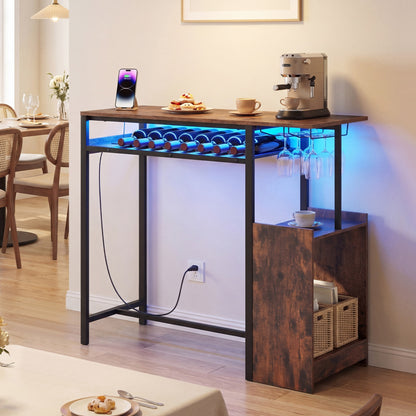 Rectangular Bar Table with Charging Station and LED Light-Rustic Brown
